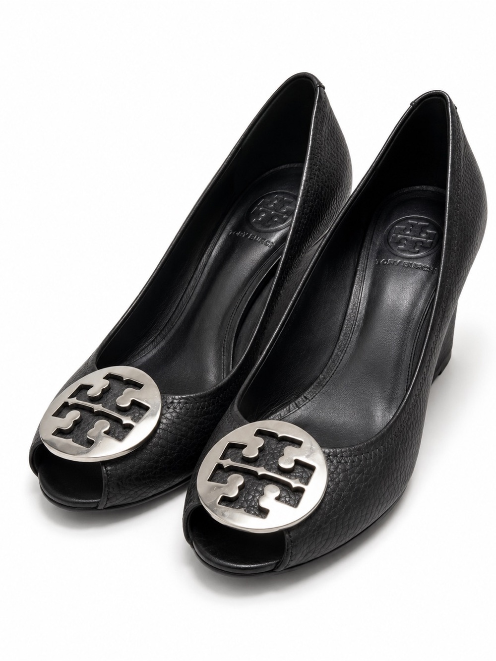 Tory Burch Black Leather Peep-Toe Wedges with Silver Logo Medallion